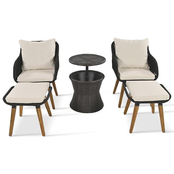 Unbranded Black 5-Piece Metal Patio Conversation Set with Bar Table, Ottomans, Beige Cushions for Porch, Backyard, Poolside