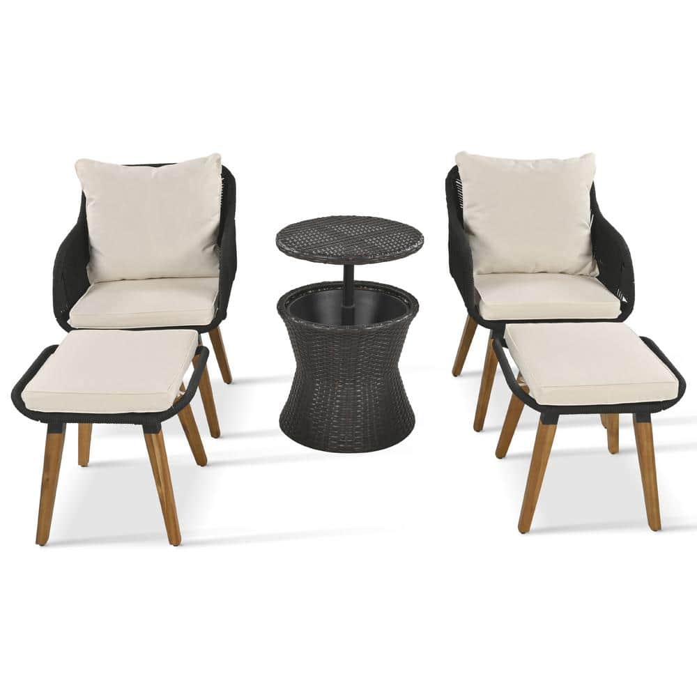 Black 5-Piece Metal Patio Conversation Set with Bar Table, Ottomans, Beige 