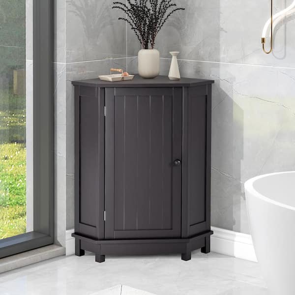 FUNKOL 17.5inx17.5inx31.4in Black Brown Elegant MDF 3-Tier 3-Corner Bathroom Storage Linen Cabinet with 2-Adjustable Shelves