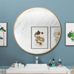 32 in. W x 32 in. H Round Metal Framed Wall-Mounted Bathroom Vanity Mirror in Gold