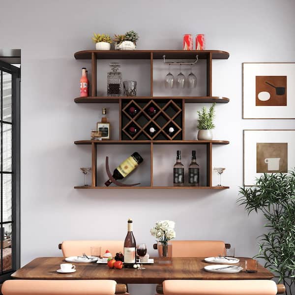 Large 3 Tier Wall Mounted Multifunctional Wooden Wine Rack with Wine Glass Holder in Walnut