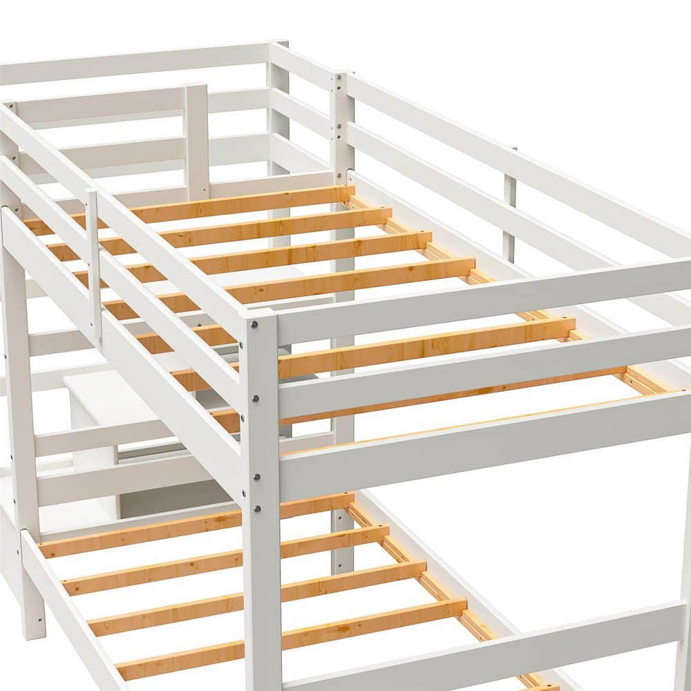 White Twin Over Twin Pine Wood Bunk Bed with Stairs and Shelves