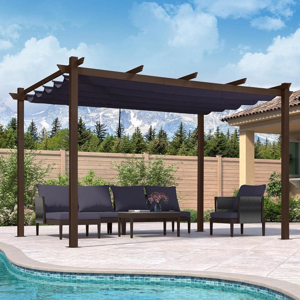 PURPLE LEAF 10 ft. x 13 ft. Navy Blue Metal Outdoor Retractable Pergola ...
