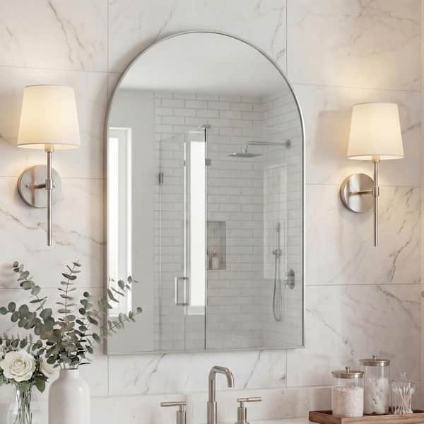 Elodie 24 in. W x 36 in. H Medium Arched Metal Framed Wall Mounted Mirror, Nickel