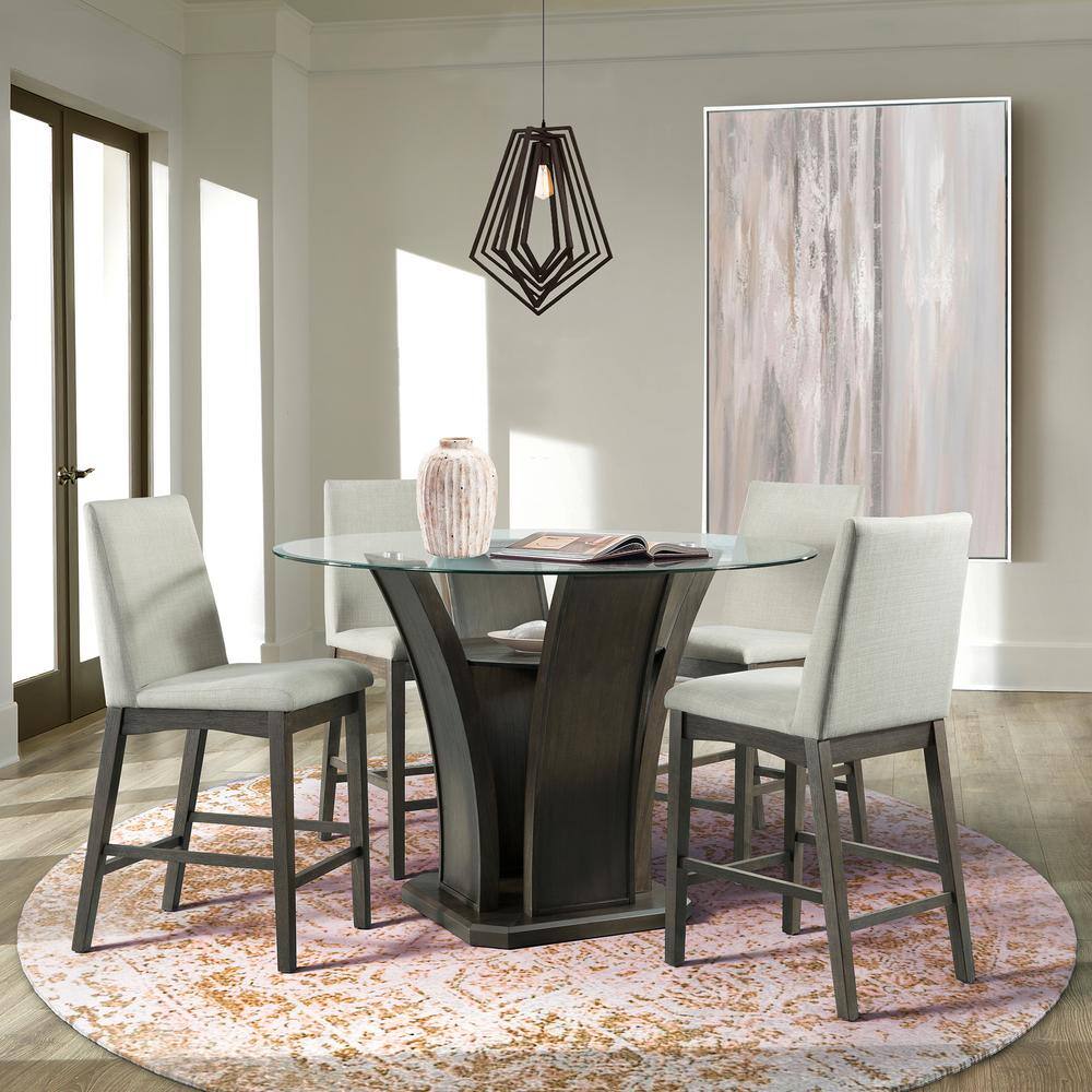 Transitional Cream Upholstered Counter Height Side Chair Set in Walnut