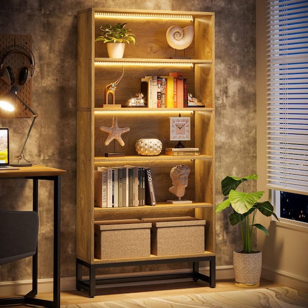 Eulas 71 in. Tall Light Brown 5-Shelves Standard Wooden Bookcases with Open Storage and LED Strips