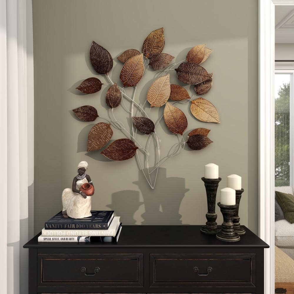 Bronze and Silver Metal Leaf Wall Sculpture