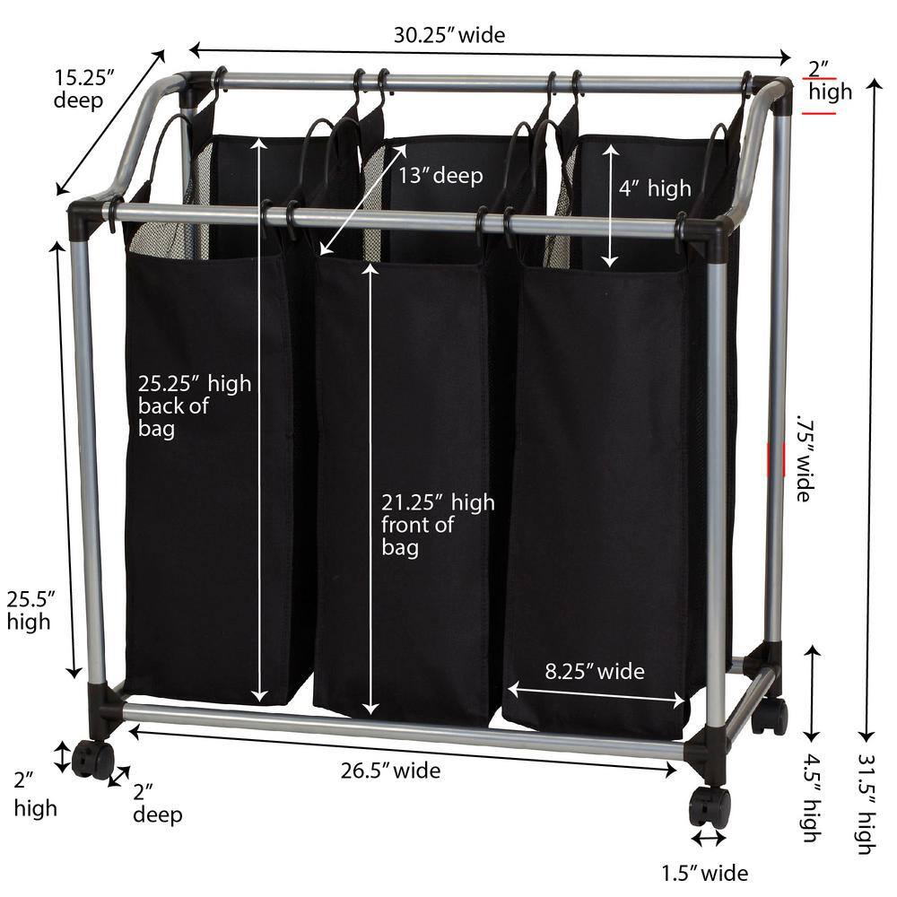 Black and Silver Triple Laundry Sorter with Wheels and Mesh Bags