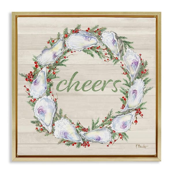 Stupell Industries Shells and Holly Cheers by Paul Brent Gold Floater Frame Typography Graphic Art Print 25 in. x 25 in.