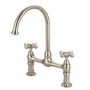 Harding Two Handle Bridge Kitchen Faucet with Button Cross Handles in Brushed Nickel