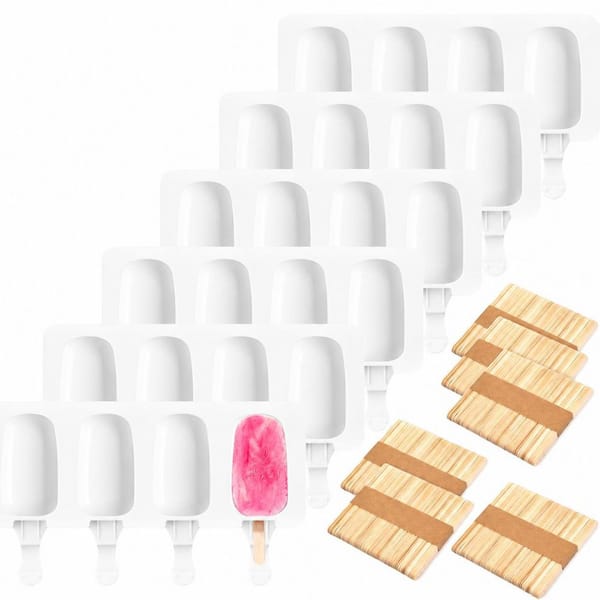 Silicone Popsicle Molds with 300 Pieces Wooden Sticks Nonstick Surface for DIY Frozen Snacks, 6 Set White Oval Cake Pop