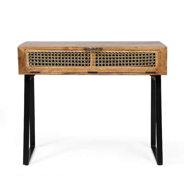 Noble House Stanton 39 in. Natural and Black 32 in. Rectangle Wood Console Table with Storage