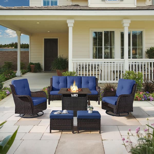 Arcline 6-Piece Brown Wicker Fire Pit Conversation Set with Olefin Blue Cushions and Swivel Glider Chairs