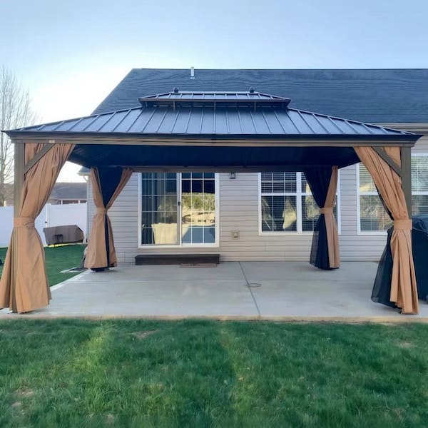 PURPLE LEAF 12 ft.x 16 ft.Bronze Aluminum Power-Coated Frame Galvanized Steel Double Roof Hardtop Gazebo,Hooks,Netting,Khaki Curtain