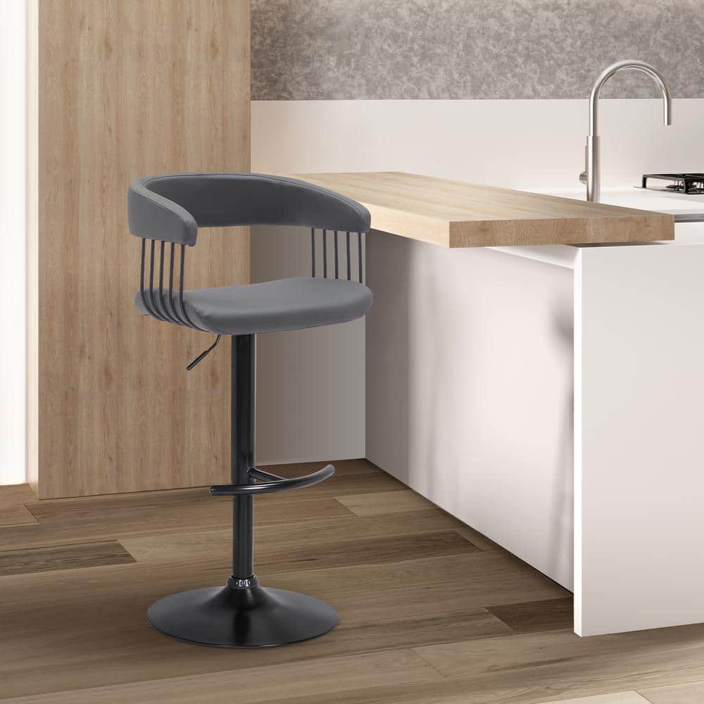 Calista Adjustable 33 in. Grey/Black Metal/Wood Bar Stool with Grey Faux Le