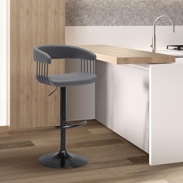 Armen Living Calista Adjustable 33 in. Grey/Black Metal/Wood Bar Stool with Grey Faux Leather Seat