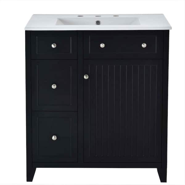 30 in. Freestanding White Bath Vanity with White Ceramic Top, 2-Drawers and Adjustable Shelf