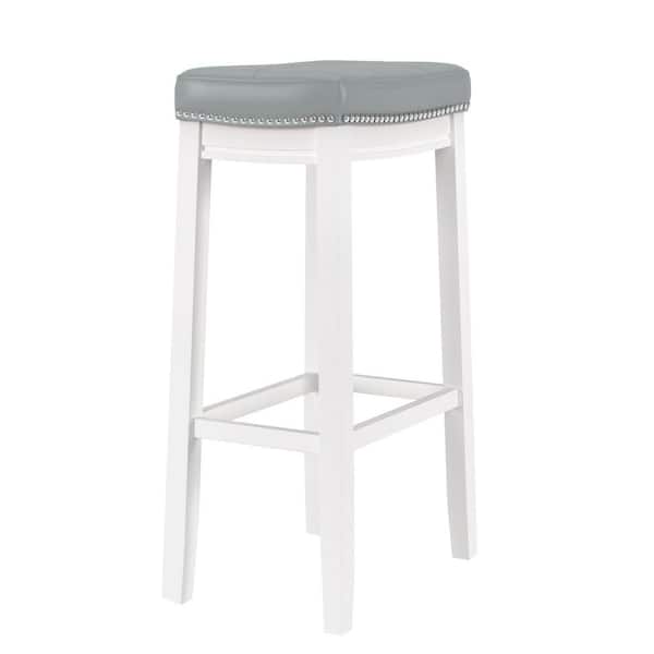 Linon Home Decor Concord 32.25 in. White and Light Gray Backless Wood Bar Stool with Faux Leather Seat
