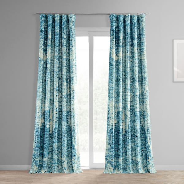 Exclusive Fabrics & Furnishings Strata Blue Printed Linen Textured Room Darkening Rod Pocket Curtain - 50 in. W x 108 in. L (1 Panel)
