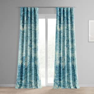 Strata Blue Printed Linen Textured Room Darkening Rod Pocket Curtain - 50 in. W x 96 in. L (1 Panel)