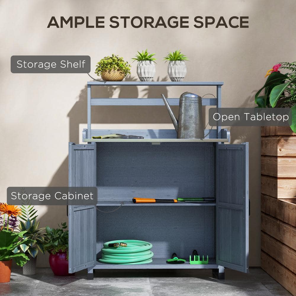 Gray Wooden Potting Bench with Storage Cabinet and Shelves