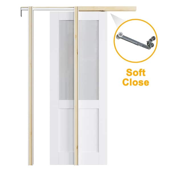 ARK DESIGN 30 in. x 80 in. 1/2 Lite Frosted Glass Primed Door with Solid Core Pine Pocket Door Frame with Hardware and Soft Close