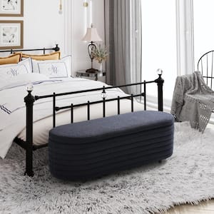Bayville 54 in. Wide Oval Sherpa Upholstered Entryway Flip Top Storage Bedroom Accent Bench in Navy Blue