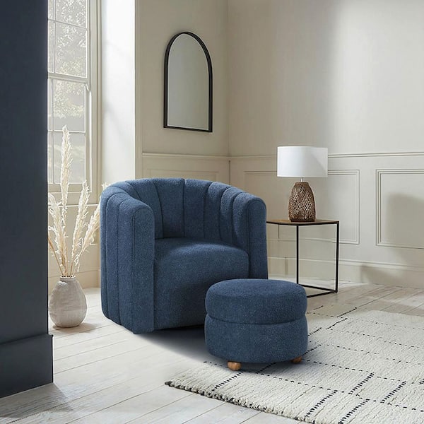Avina Blue Boucle Fabric Upholstery Swivel Arm Chair with Ottoman