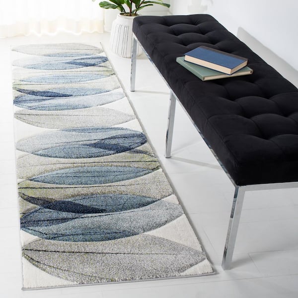 Hollywood 2 ft. x 14 ft. Ivory/Blue/Green Abstract Geometric Runner Rug