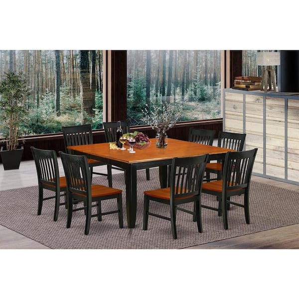 9-Piece Square Black & Cherry Finish Solid Wood Top Dining Table with 8-Chairs with Butterfly Leaf Lattice Back
