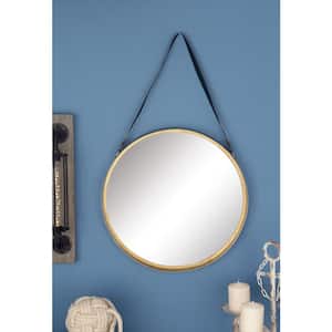 33 in. x 20 in. Round Framed Gold Wall Mirror with Leather Strap