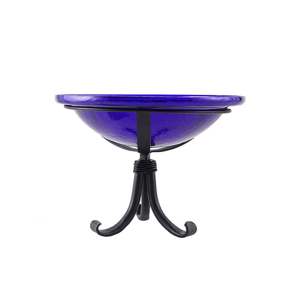 ACHLA DESIGNS Reflective Crackle Glass Birdbath Bowl With Tripod Stand, 12.5  in. Diameter, Cobalt Blue