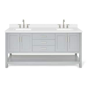 Magnolia 73 in. W x 22 in. D x 36 in. H Bath Vanity in Grey with White Pure Quartz Vanity Top with White Basins