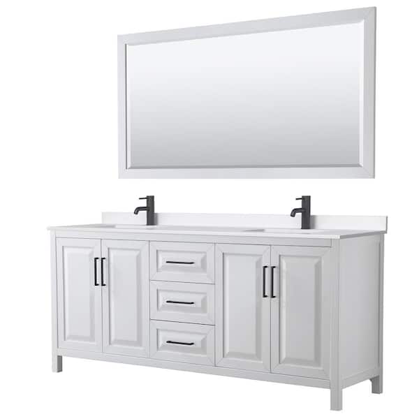 Wyndham Collection Daria 80 in. W x 22 in. D x 35.75 in. H Double Bath Vanity in White with White Quartz Top and 70 in. Mirror