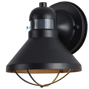 Upgraded 7.08 in. Black Motion Sensing Dusk to Dawn Indoor/Outdoor Hardwired Barn Sconce with LED Included