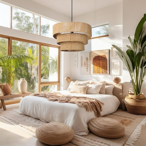 1-Light Natural Hand-Woven Rope Tapered 3-Tier Pendant, No Bulbs Included 20 in.