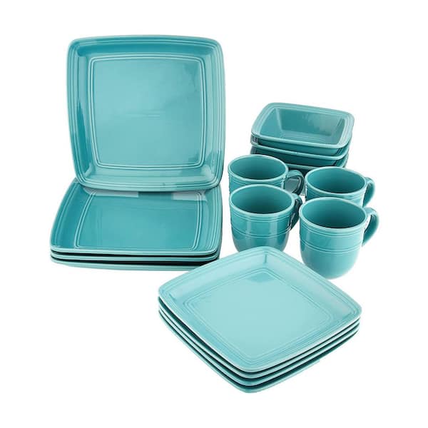 16-Piece Casual Turquoise Square Stoneware Dinnerware Set (Service for 4)