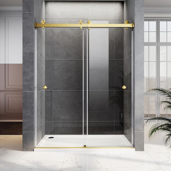 UNIKOO UKD01 66 to 72 in. W x 72 in. H Double Sliding Frameless Shower Door in Satin Brass, EnduroShield 3/8 in. Clear Glass