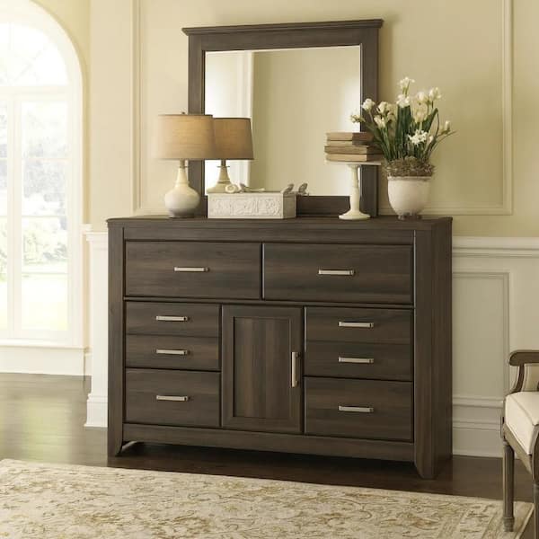 Benjara Dark Brown and Pewter Gray 6 Drawer 61.26 in Wide Dresser with  Mirror BM345063