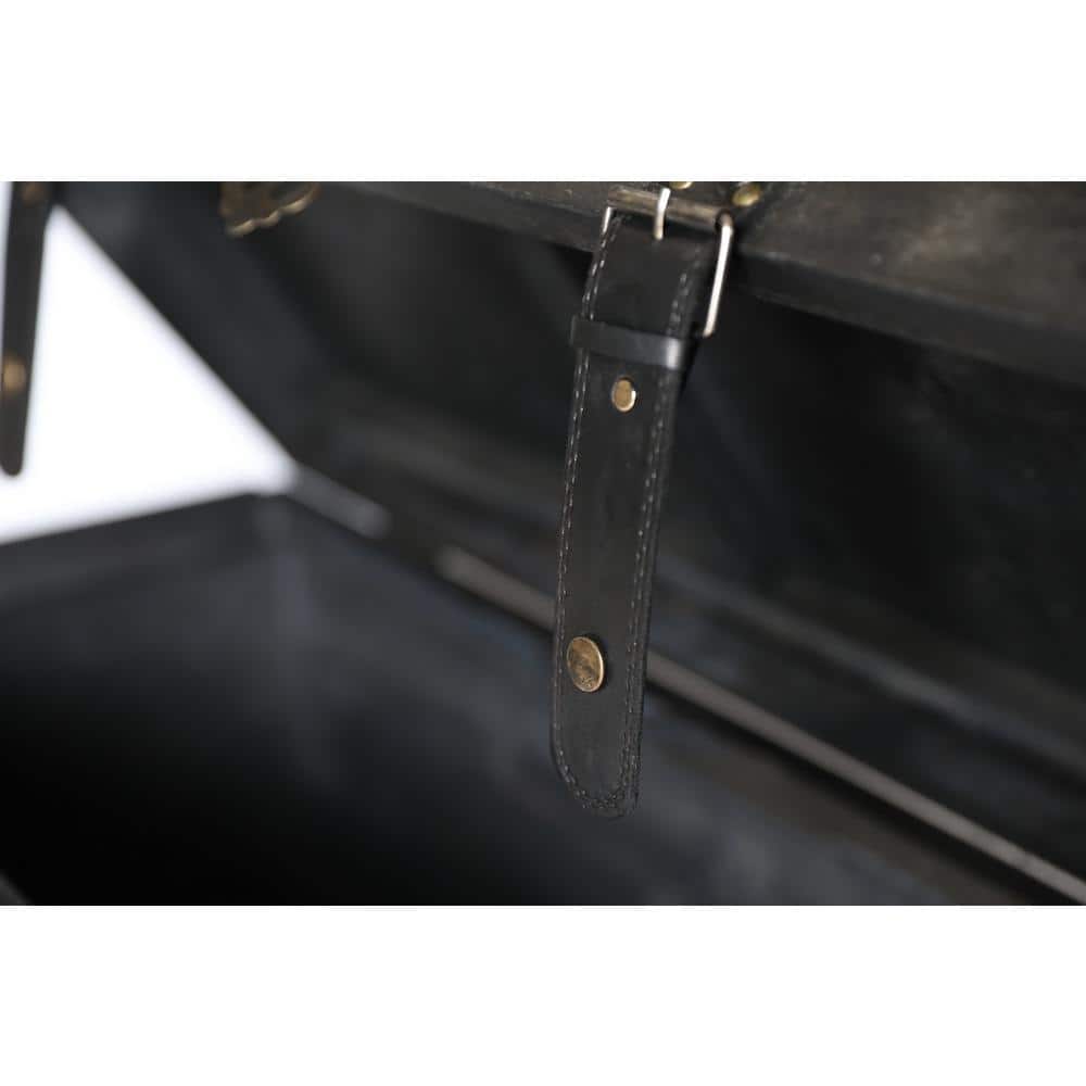 Distressed Black Medium Wooden Storage Trunk with Faux Leather Straps