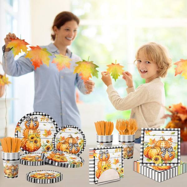 100-Pack Autumn Fall Paper Napkins - Light Blue & White Striped Scalloped Design (Disposable Party Napkins) - View #3