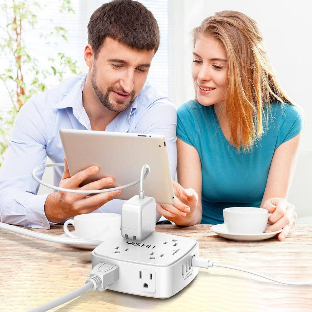 15 Ft White ABS 8-Outlet Power Strip with USB Ports