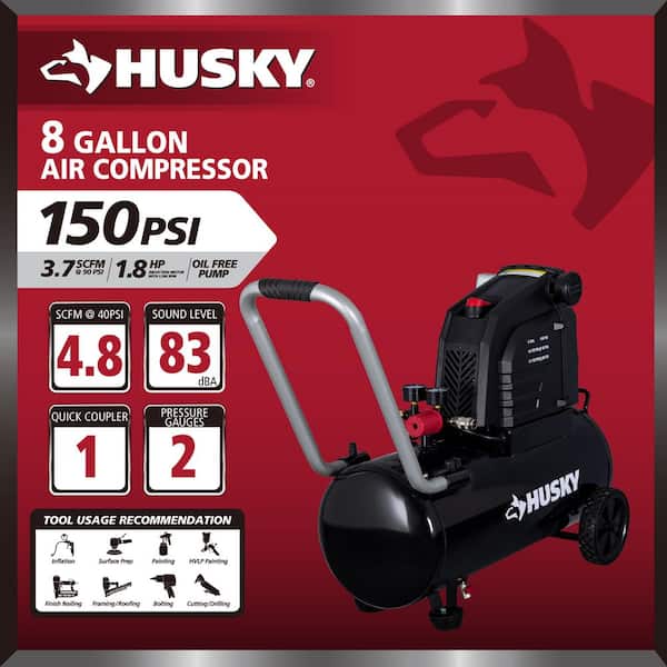 Husky - 8 Gal. 150 PSI Portable Electric Oil-Free Horizontal Hotdog Air Compressor with Rubber Wheels and 1-Quick Coupler