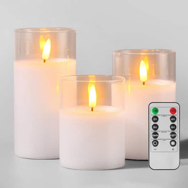 White Battery Powered Unscented Glass LED Flameless Candles with Remote and Timer Set of 3