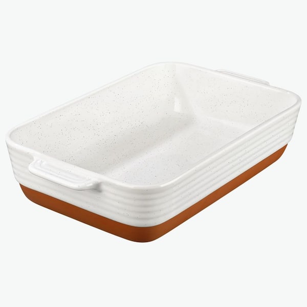 4.8 qt. Deep Rectangular Ceramic Baking Dish with Handles for Roasting Lasagna Casserole Oven Safe Khaki White