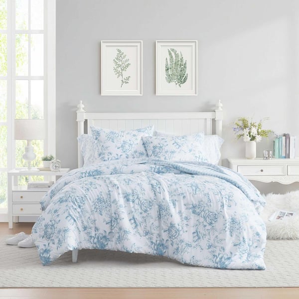 Laura Ashley Delphine 7-Piece Light Blue Microfiber Queen Bed in a