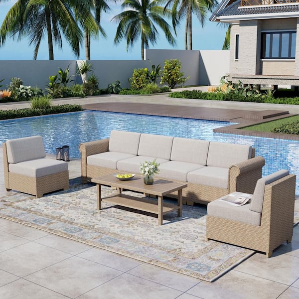 7-Piece Wicker Outdoor Patio Conversation Set with a Coffee Table and Beige Cushions