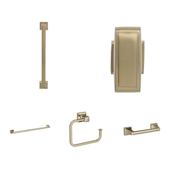 Mulholland Golden Champagne Cabinet Pull (6-5/16 in.), Knob (1-1/2 in.), Towel Bar (24 in.), Ring (5-3/4 in.) and Holder