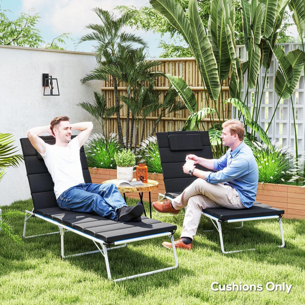 Black Foldable Olefin Chaise Lounge Cushion Set with Headrest