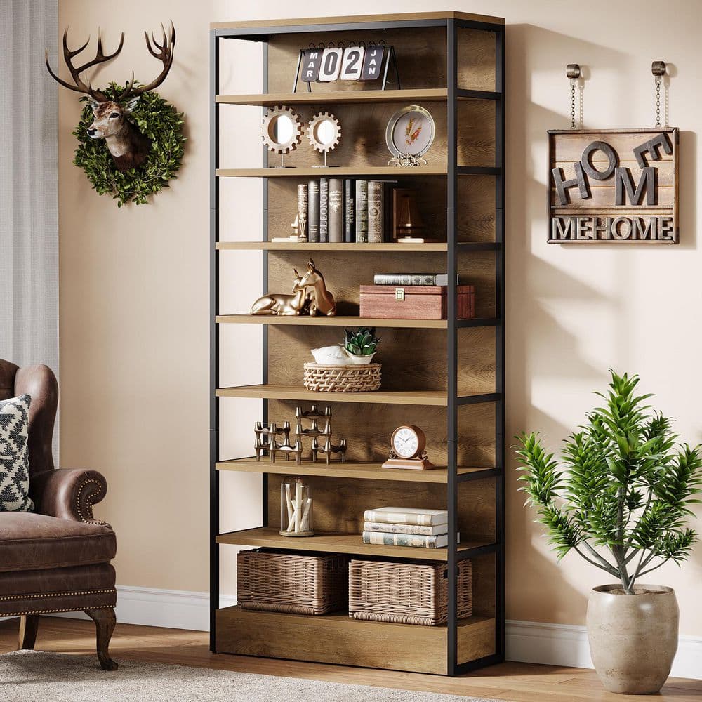 BYBLIGHT Eulas 71 in. Tall Rustic Brown Wood 8-Shelf Etagere Bookcase ...